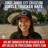 image:imageFunky Junque Embroidered Circle City Trucker Hat Mens Snapback Cap  Cotton trucker cap with embroidered city graphic for game day sports gifting amp everyday street styleChicago  RedBlack