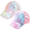 image:imageFunky Junque Girls Criss Cross Ponytail Baseball Cap Kids Messy Bun Hat  Lightweight mesh cap with criss cross elastic bands for camping playgrounds softball volleyball amp recess2 Pack Tie Dye Baby Pink  Tie Dye Cotton Candy