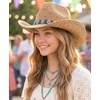 image:imageFunky Junque Open Weave Cowboy Hats for Women  Lightweight Western Retro Beach Straw Cowgirl Hat Concerts Festivals and Western for WomenTurquoise Charm Trim  Natural