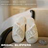 image:imageFunky Junque White Bridal Slippers Faux Fur Pearl Rhinestone Bride Slides  Plush faux fur slippers with rhinestone lettering for getting ready weddings bridal showers amp engagementsBride White