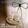 image:imageFunky Junque White Bridal Slippers Faux Fur Pearl Rhinestone Bride Slides  Plush faux fur slippers with rhinestone lettering for getting ready weddings bridal showers amp engagementsI Do White