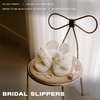 image:imageFunky Junque White Bridal Slippers Faux Fur Pearl Rhinestone Bride Slides  Plush faux fur slippers with rhinestone lettering for getting ready weddings bridal showers amp engagementsPearls White