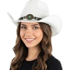 image:imageFunky Junque Open Weave Cowboy Hats for Women  Lightweight Western Retro Beach Straw Cowgirl Hat Concerts Festivals and Western for WomenFlower Turquoise Charm Trim  White