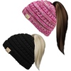 image:imageFunky Junque Toddler Girl Ponytail Beanie  Girls Winter Hat Messy Bun Pony Tail Beanies Ages 27 Warm Knit Cap Stretch Fit1 Solid Black  1 Fuchsia Mix Bundle