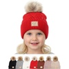 Diagonal Stripes Faux Fur Pom W/Patch (Red)