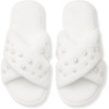 image:imageFunky Junque White Bridal Slippers Faux Fur Pearl Rhinestone Bride Slides  Plush faux fur slippers with rhinestone lettering for getting ready weddings bridal showers amp engagementsPearls White