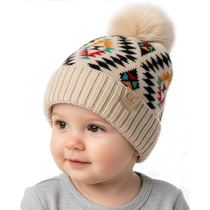 image:imageFunky Junque Baby Pom Pom Beanie  Soft Knit Infant Winter Hat for Baby Girls amp Boys Cozy Warm Newborn Beanie 012 MonthsAztec Pattern  Beige