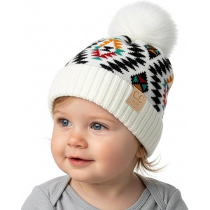 image:imageFunky Junque Baby Pom Pom Beanie  Soft Knit Infant Winter Hat for Baby Girls amp Boys Cozy Warm Newborn Beanie 012 MonthsAztec Pattern  White