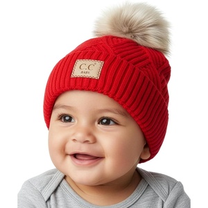 image:imageFunky Junque Baby Pom Pom Beanie  Soft Knit Infant Winter Hat for Baby Girls amp Boys Cozy Warm Newborn Beanie 012 MonthsDiagonal Basketweave Pattern  Red