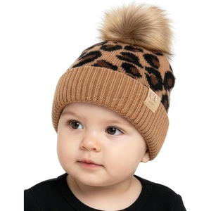 image:imageFunky Junque Baby Pom Pom Beanie  Soft Knit Infant Winter Hat for Baby Girls amp Boys Cozy Warm Newborn Beanie 012 MonthsLeopard  Latte