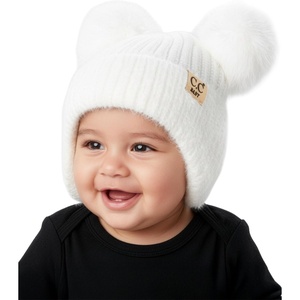 image:imageFunky Junque Baby Pom Pom Beanie Warm Winter Hat for Infants and Toddlers Chenille Double Pom Poms for Baby Girls amp BoysEarflap  White