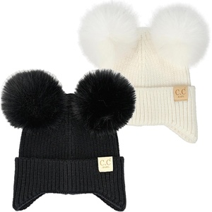 image:imageFunky Junque Double Pom Pom Baby Beanie  Newborn Girl Winter Hat 012 Months Cute Cozy Knit Infant Beanies for Cold Weather2 Pack  Black  Ivory  Ear Flap