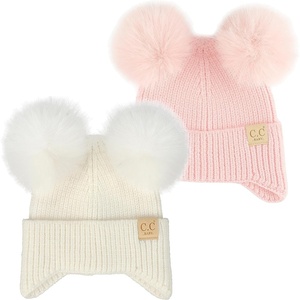 image:imageFunky Junque Double Pom Pom Baby Beanie  Newborn Girl Winter Hat 012 Months Cute Cozy Knit Infant Beanies for Cold Weather2 Pack  Light Pink  Ivory  Ear Flap
