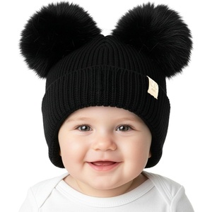 image:imageFunky Junque Double Pom Pom Baby Beanie  Newborn Girl Winter Hat 012 Months Cute Cozy Knit Infant Beanies for Cold WeatherBlack  Ear Flap W Double Faux Fur Pom