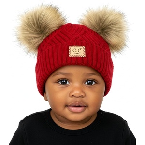 image:imageFunky Junque Double Pom Pom Baby Beanie  Newborn Girl Winter Hat 012 Months Cute Cozy Knit Infant Beanies for Cold WeatherDiagonal Basketweave  Red Double Pom