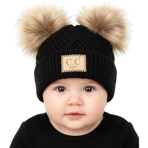 image:imageFunky Junque Double Pom Pom Baby Beanie  Newborn Girl Winter Hat 012 Months Cute Cozy Knit Infant Beanies for Cold WeatherDiagonal Basketweave Pattern  Black 2 Pom