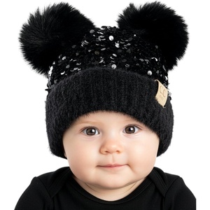 image:imageFunky Junque Double Pom Pom Baby Beanie  Newborn Girl Winter Hat 012 Months Cute Cozy Knit Infant Beanies for Cold WeatherSequin  Black