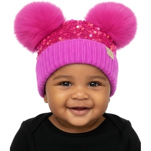 image:imageFunky Junque Double Pom Pom Baby Beanie  Newborn Girl Winter Hat 012 Months Cute Cozy Knit Infant Beanies for Cold WeatherSequin  Hot Pink