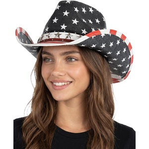 image:imageFunky Junque Embroidered Band Decorative Cowgirl Hat  Patriotic straw cowboy hat with breathable woven design stretchy fit and sun protection for rodeos festivals amp moreAmerican Flag W Star Studs