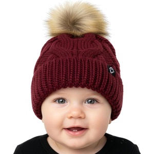 image:imageFunky Junque Fleece Lined Baby Beanie  Soft Cozy Cable Knit Winter Hat with Pom Pom for Infants 012 MonthsBurgundy