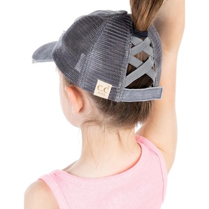 image:imageFunky Junque Girls Criss Cross Ponytail Baseball Cap Kids Messy Bun Hat  Lightweight mesh cap with criss cross elastic bands for camping playgrounds softball volleyball amp recessGrey Washed WGrey Mesh