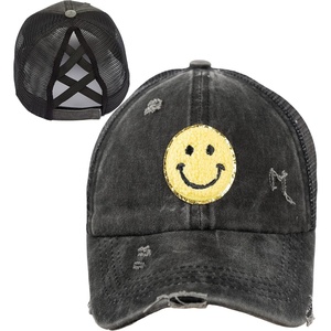 image:imageFunky Junque Girls Criss Cross Ponytail Baseball Cap Kids Messy Bun Hat  Lightweight mesh cap with criss cross elastic bands for camping playgrounds softball volleyball amp recessSmiley Face  BlackYellow