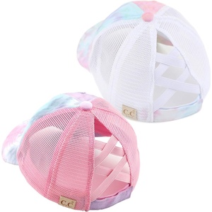 image:imageFunky Junque Girls Criss Cross Ponytail Baseball Cap Kids Messy Bun Hat  Lightweight mesh cap with criss cross elastic bands for camping playgrounds softball volleyball amp recess2 Pack Tie Dye Baby Pink  Tie Dye Cotton Candy