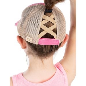 image:imageFunky Junque Girls Criss Cross Ponytail Baseball Cap Kids Messy Bun Hat  Lightweight mesh cap with criss cross elastic bands for camping playgrounds softball volleyball amp recessPink Washed