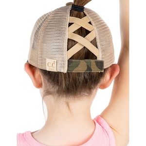 image:imageFunky Junque Girls Criss Cross Ponytail Baseball Cap Kids Messy Bun Hat  Lightweight mesh cap with criss cross elastic bands for camping playgrounds softball volleyball amp recessGreen Camo