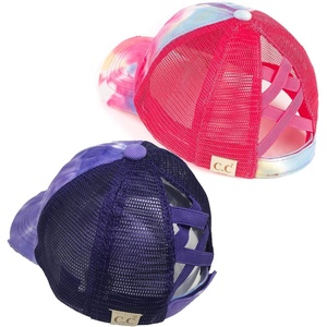 image:imageFunky Junque Girls Criss Cross Ponytail Baseball Cap Kids Messy Bun Hat  Lightweight mesh cap with criss cross elastic bands for camping playgrounds softball volleyball amp recess2 Pack Tie Dye Hot Pink  Tie Dye Purple