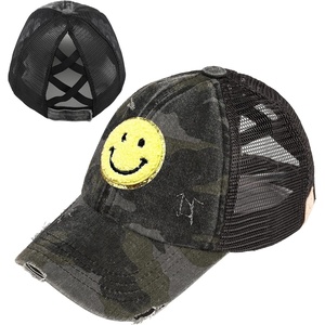 image:imageFunky Junque Girls Criss Cross Ponytail Baseball Cap Kids Messy Bun Hat  Lightweight mesh cap with criss cross elastic bands for camping playgrounds softball volleyball amp recessSmiley Face  Camo BlackYellow