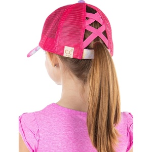 image:imageFunky Junque Girls Criss Cross Ponytail Baseball Cap Kids Messy Bun Hat  Lightweight mesh cap with criss cross elastic bands for camping playgrounds softball volleyball amp recessTie Dye  Hot Pink