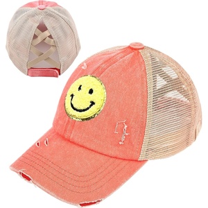 image:imageFunky Junque Girls Criss Cross Ponytail Baseball Cap Kids Messy Bun Hat  Lightweight mesh cap with criss cross elastic bands for camping playgrounds softball volleyball amp recessSmiley  CoralYellow