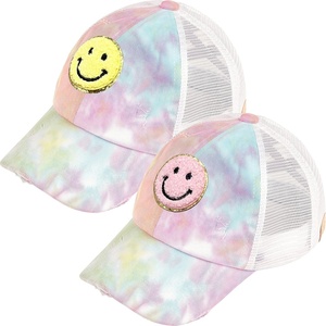 image:imageFunky Junque Girls Criss Cross Ponytail Baseball Cap Kids Messy Bun Hat  Lightweight mesh cap with criss cross elastic bands for camping playgrounds softball volleyball amp recess2 Pack Smiley Face  Cotton Candy Tie Dye  YellowPink