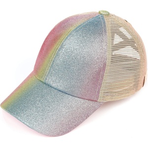 image:imageFunky Junque Girls Criss Cross Ponytail Baseball Cap Kids Messy Bun Hat  Lightweight mesh cap with criss cross elastic bands for camping playgrounds softball volleyball amp recessGlitter  Pink Multi Ombre