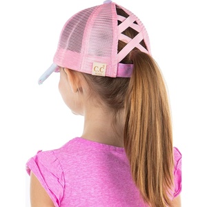 image:imageFunky Junque Girls Criss Cross Ponytail Baseball Cap Kids Messy Bun Hat  Lightweight mesh cap with criss cross elastic bands for camping playgrounds softball volleyball amp recessTie Dye  Baby Pink