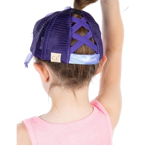image:imageFunky Junque Girls Criss Cross Ponytail Baseball Cap Kids Messy Bun Hat  Lightweight mesh cap with criss cross elastic bands for camping playgrounds softball volleyball amp recessTie Dye  Purple