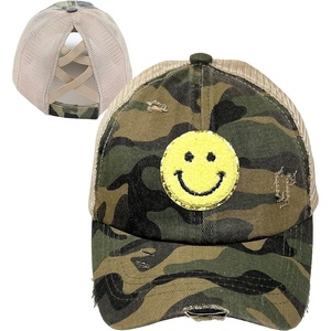 image:imageFunky Junque Girls Criss Cross Ponytail Baseball Cap Kids Messy Bun Hat  Lightweight mesh cap with criss cross elastic bands for camping playgrounds softball volleyball amp recessSmiley  Camo GreenYellow