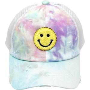 image:imageFunky Junque Girls Criss Cross Ponytail Baseball Cap Kids Messy Bun Hat  Lightweight mesh cap with criss cross elastic bands for camping playgrounds softball volleyball amp recessSmiley  Tie Dye Cotton CandyYellow