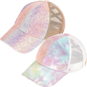 image:imageFunky Junque Girls Criss Cross Ponytail Baseball Cap Kids Messy Bun Hat  Lightweight mesh cap with criss cross elastic bands for camping playgrounds softball volleyball amp recess2 Pack Cotton Candy  Unicorn Glitter