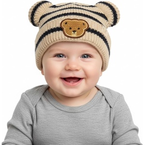 image:imageFunky Junque Infant Teddy Bear Beanie  Adorable Cozy Winter Knit Hat for Babies Warm Soft Baby Beanie CapStriped  Beige