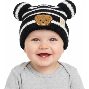 image:imageFunky Junque Infant Teddy Bear Beanie  Adorable Cozy Winter Knit Hat for Babies Warm Soft Baby Beanie CapStriped  Black