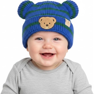 image:imageFunky Junque Infant Teddy Bear Beanie  Adorable Cozy Winter Knit Hat for Babies Warm Soft Baby Beanie CapStriped  Royal Blue