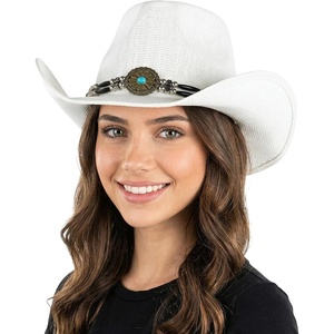 image:imageFunky Junque Open Weave Cowboy Hats for Women  Lightweight Western Retro Beach Straw Cowgirl Hat Concerts Festivals and Western for WomenFlower Turquoise Charm Trim  White
