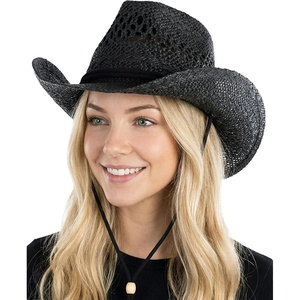 image:imageFunky Junque Open Weave Cowboy Hats for Women  Lightweight Western Retro Beach Straw Cowgirl Hat Concerts Festivals and Western for WomenOpen Weave W Chin Strap  Black