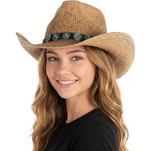 image:imageFunky Junque Open Weave Cowboy Hats for Women  Lightweight Western Retro Beach Straw Cowgirl Hat Concerts Festivals and Western for WomenTurquoise Charm Trim  Natural