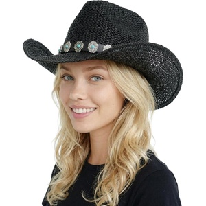 image:imageFunky Junque Open Weave Cowboy Hats for Women  Lightweight Western Retro Beach Straw Cowgirl Hat Concerts Festivals and Western for WomenTurquoise Charm Trim  Black