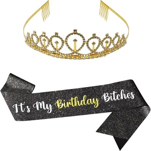 image:imageFunky Junque Rhinestone Tiara Crown Bridal Wedding Headband  Lightweight alloy tiara with sparkling rhinestones for weddings proms bachelorette parties amp bridal eventsSash Its My Birthday Btches  Black  Tiara Gold