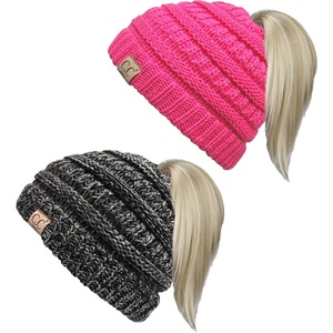 image:imageFunky Junque Toddler Girl Ponytail Beanie  Girls Winter Hat Messy Bun Pony Tail Beanies Ages 27 Warm Knit Cap Stretch Fit2 Pack  Candy Pink  4 Tone Mix  Grey  Black  Beige  Lt French Beige