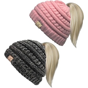 image:imageFunky Junque Toddler Girl Ponytail Beanie  Girls Winter Hat Messy Bun Pony Tail Beanies Ages 27 Warm Knit Cap Stretch Fit2 Pack  Indi Pink  4 Tone Mix  Grey  Black  Beige  Lt French Beige